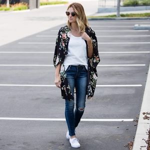 Amaryllis long black floral kimono/cover-up - 2X